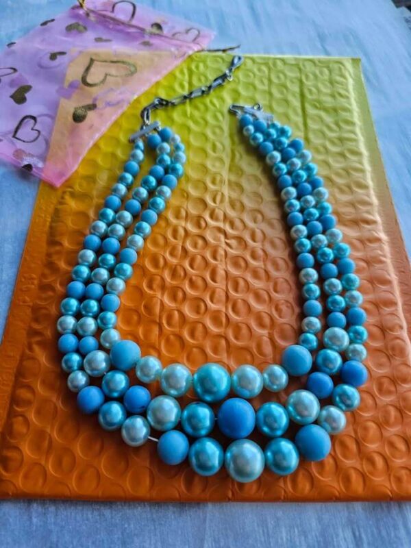 Japan Triple Strand Vintage Blue Faux Pearl Necklace 18" long