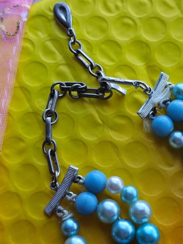 Japan Triple Strand Vintage Blue Faux Pearl Necklace 18" long