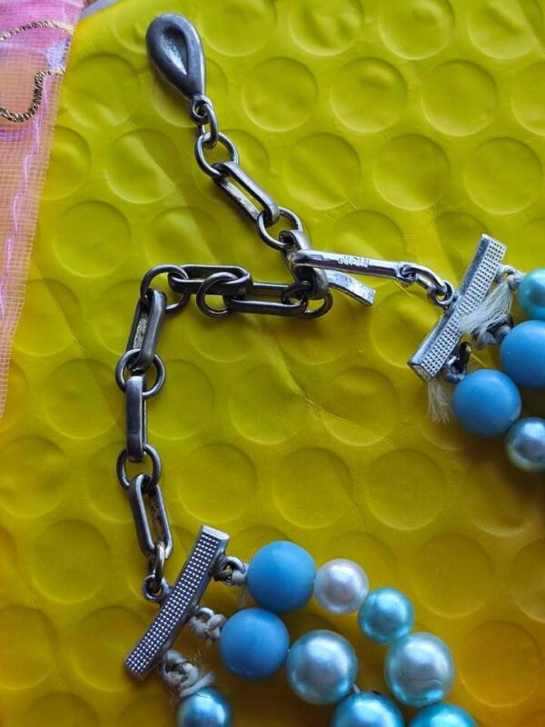 Japan Triple Strand Vintage Blue Faux Pearl Necklace 18" long