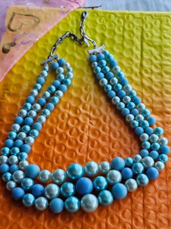 Japan Triple Strand Vintage Blue Faux Pearl Necklace 18" long