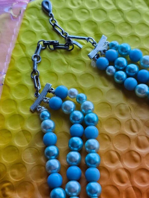Japan Triple Strand Vintage Blue Faux Pearl Necklace 18" long