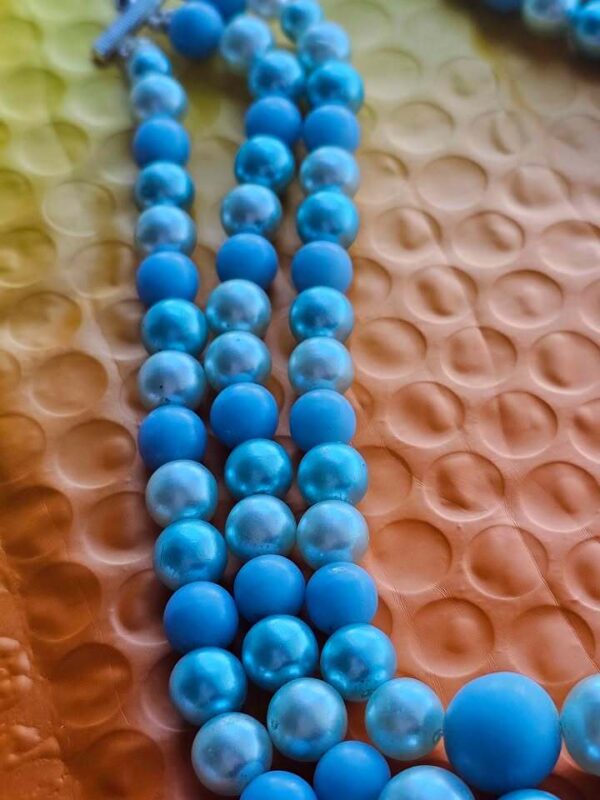 Japan Triple Strand Vintage Blue Faux Pearl Necklace 18" long