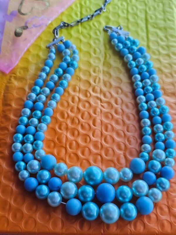 Japan Triple Strand Vintage Blue Faux Pearl Necklace 18" long