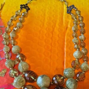 Vintage Double Strand Green and Amber Beaded Necklace