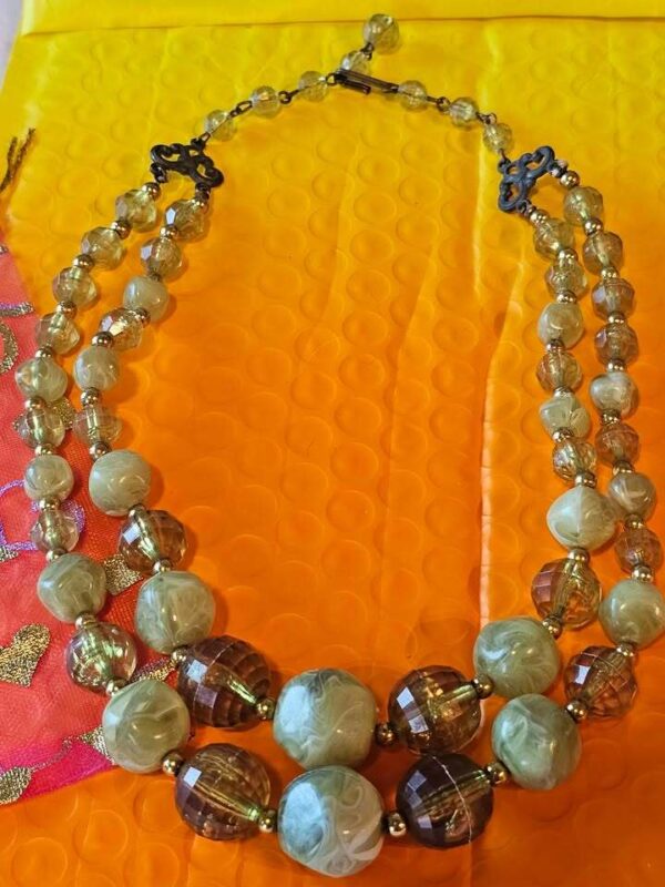 Vintage Double Strand Green and Amber Beaded Necklace