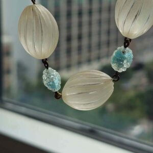 Vintage Unique Frosted and Blue Glass Bead Brass Necklace