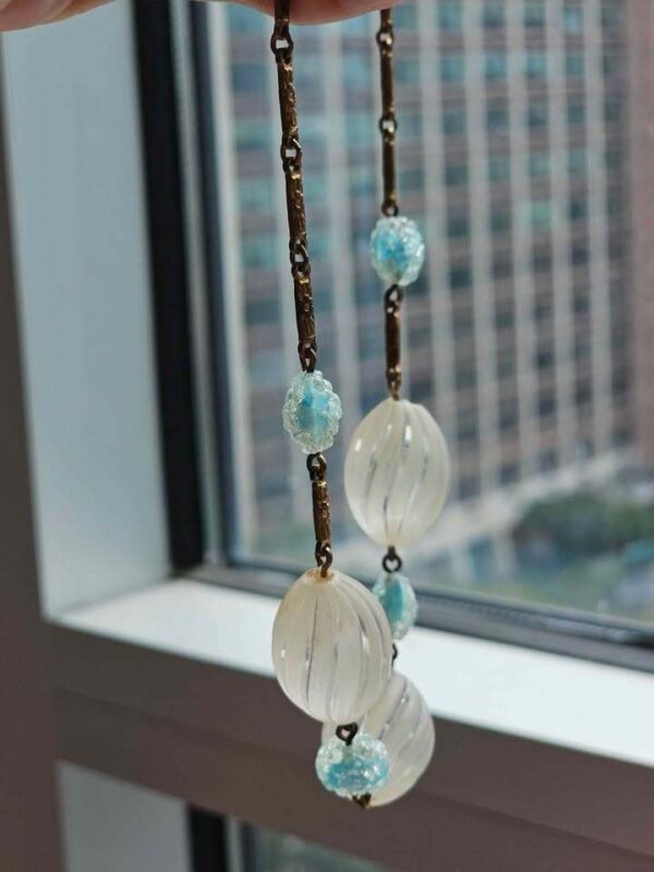 p1-816.jpg Vintage Unique Frosted and Blue Glass Bead Brass Necklace