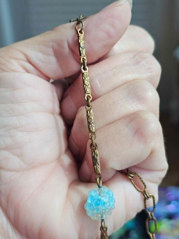 p1-820.jpg Vintage Unique Frosted and Blue Glass Bead Brass Necklace