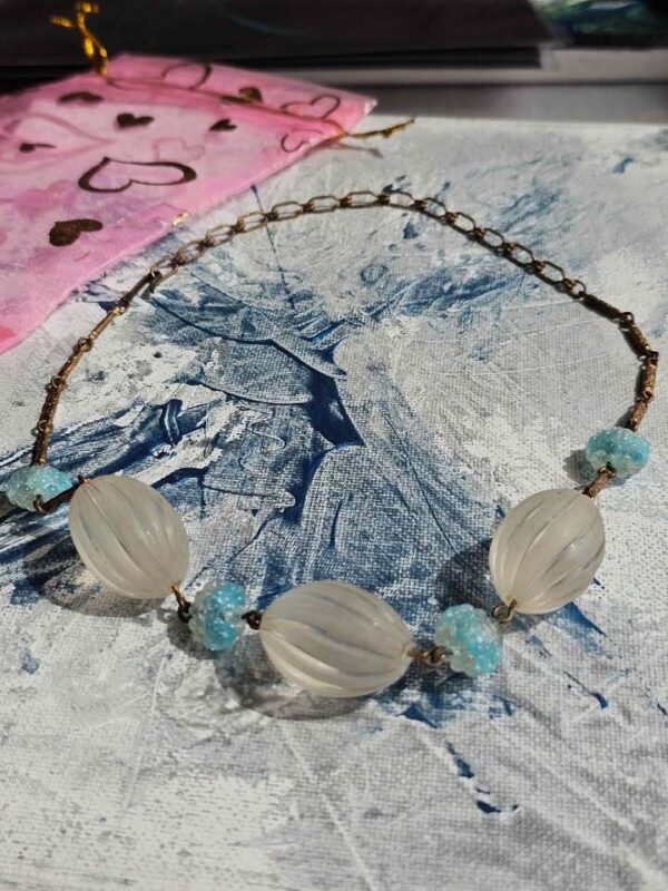 p1-821.jpg Vintage Unique Frosted and Blue Glass Bead Brass Necklace