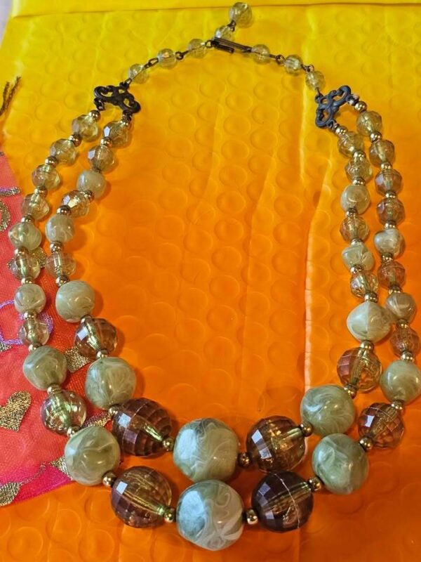 Vintage Double Strand Green and Amber Beaded Necklace