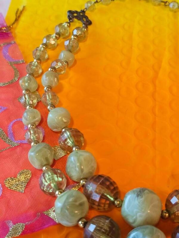 Vintage Double Strand Green and Amber Beaded Necklace