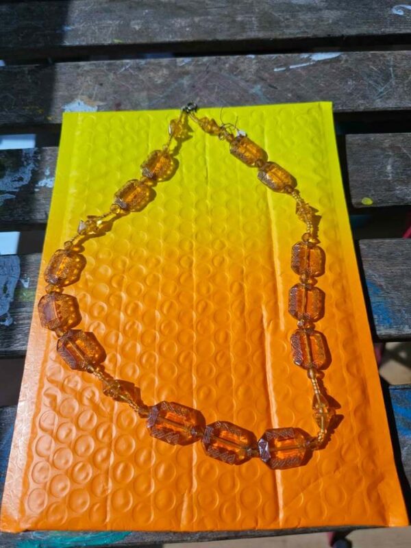 RARE: Vintage Amber Glass Carved Bead Necklace