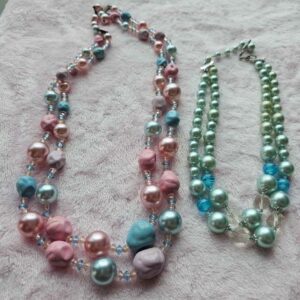 Signed Vintage Japan Beaded Necklace paired with an unsigned Vintage Necklace Pastel Colors, both